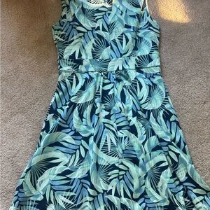 Lands' End Green and Blue Leaf Print Midi Dress